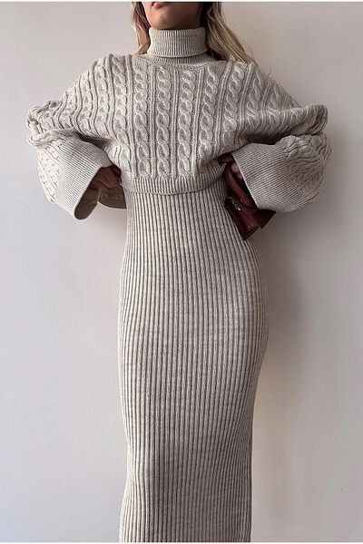 zoe star Turtleneck Knitted Motif Crop Sweater and Knitwear Dress Set