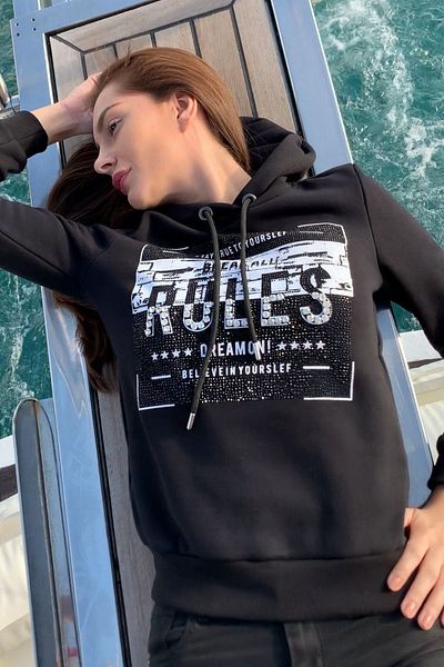 RICH GLAM Crystal Stone Inside Fleece Buzunar pentru damă, cu glugă, panglică cu trei fire
