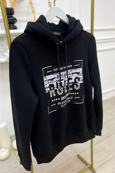 RICH GLAM Crystal Stone Inside Fleece Buzunar pentru damă, cu glugă, panglică cu trei fire