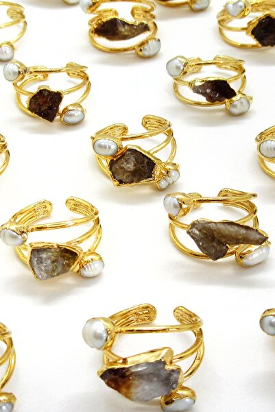 Anpiel Gerçek Beyaz İnci Akik Doğal Taşlı 3’lü Altın Kaplama Ayarlanabilir Yüzük