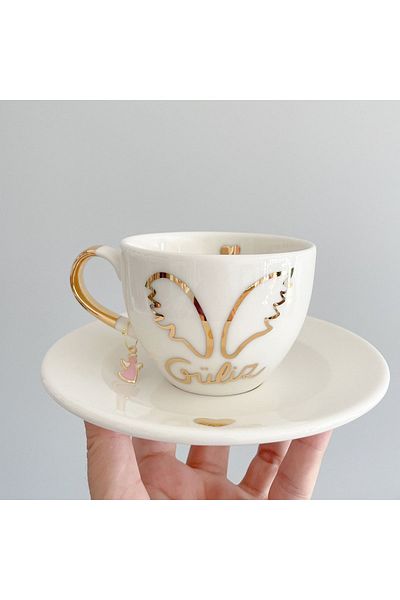 Mugtasarım 24k Gold Gilded Porcelain Nescafe Cup (WITH NAME CHANGE) Earrings Can Be Heart