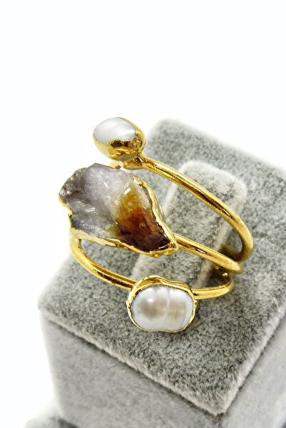 Anpiel Gerçek Beyaz İnci Akik Doğal Taşlı 3’lü Altın Kaplama Ayarlanabilir Yüzük