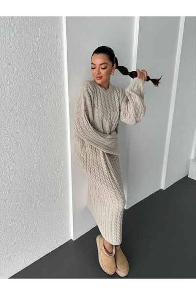 MODA DİNA Stone Color Crew Neck Pletený vzor Dlouhé pletené šaty