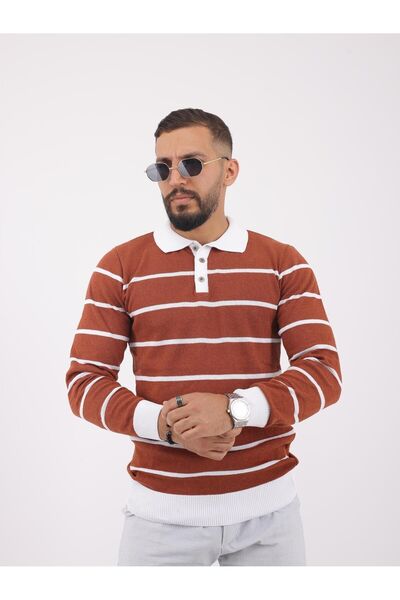 LUPERCUS Men's Striped Knitwear Polo Collar Sweater - Buttoned