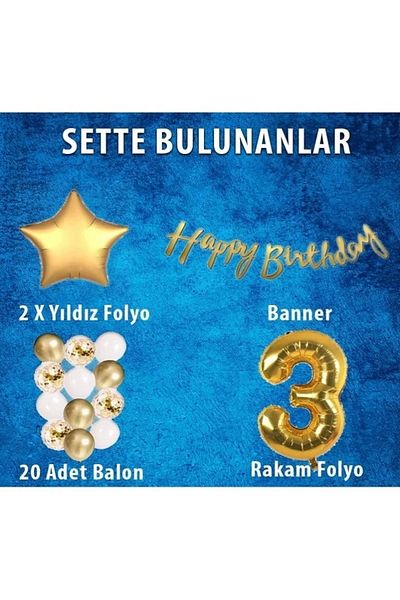 Patladı Gitti Gold Concept 3 Years Birthday Celebration Set; White Gold Confetti Balloon, Number Star Foil and Banner