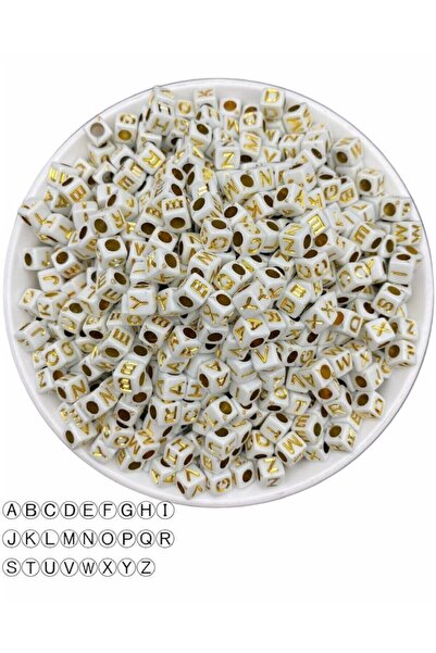 Flea Market 50g perle sa slovima, 6mm bela baza sa zlatnožutim / zlatnim slov...