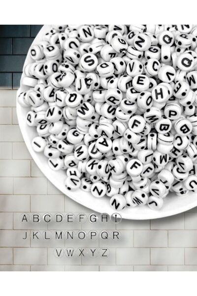 Flea Market Мъниста с букви, 4x7 мм, плоски бели с черни мъниста с букви (200...