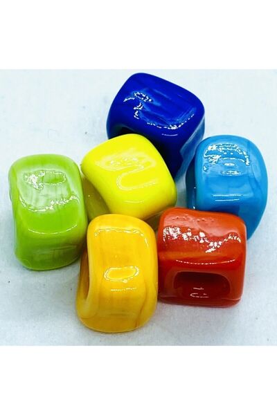 Pelinin Boncukları 6 Adet Murano Cam Küp Turkuaz Mavi Kırmızı Sarı Parlak Hob...