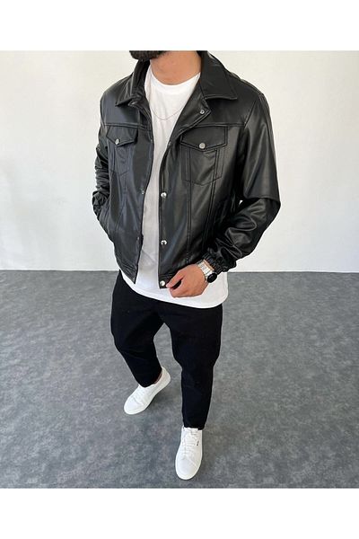 İLKCET MODA Εποχιακό Vintage Oversize κοντό δερμάτινο μπουφάν