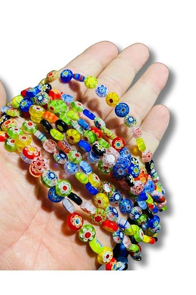 Flea Market Secvență de mărgele de sticlă plată cu model de flori de 8 mm (Mediu 48. Buc )