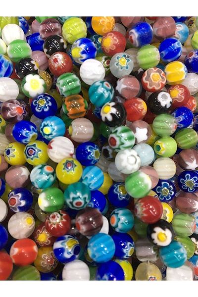SinAksesuar 10mm Mixed Color Round Flower Patterned Murano Glass Beads 35 Pieces