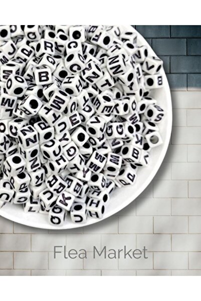 Flea Market 50gr mărgele cu litere, 7mm mărgele cu litere cub negru peste alb (50 gr, ~175 bucăți)