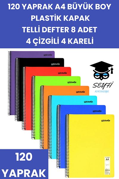 SEYFİKİRTASİYE دفتر ملاحظات سلكي مقاس 120 ورقة مقاس A4، 8 قطع، 4 خطوط، 4 أغطية بلاستيكية مربعة