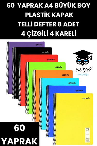 SEYFİKİRTASİYE دفتر ملاحظات سلكي مقاس A4 مكون من 60 ورقة، 8 قطع، 4 خطوط، 4 أغطية بلاستيكية مربعة