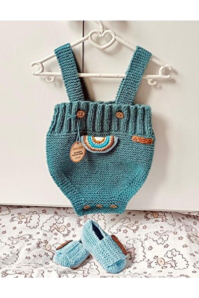 seraskids El Örgüsü Mavi Erkek Bebek Şort Tulum & Patik Takım