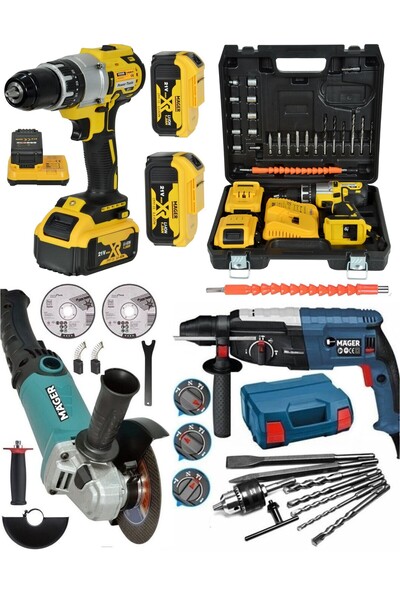 Mager Kombin 3lü Usta Seti Kırıcı Delici,Taşlama,Ve 10 Pilli Şarjlı Çelik Madren 13 Mm Matkap