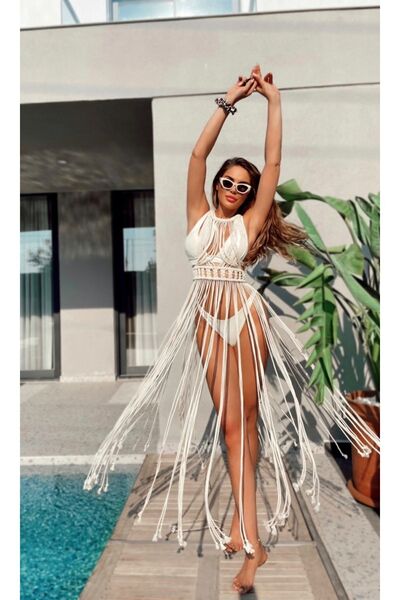 Dekor Kapanı Kadın Ekru Makrome Plaj Elbise - Makrome Festival Elbisesi