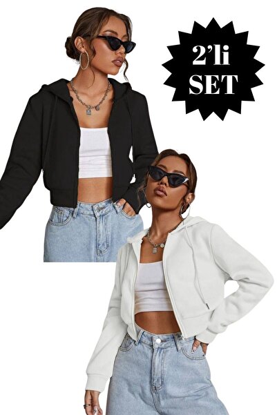 CG Boutique Ασπρόμαυρο γυναικείο φούτερ ζακέτα από φλις - 2 τεμαχίων με κουκο...