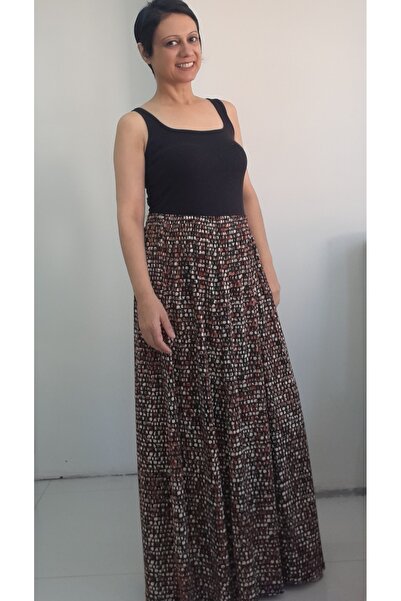 Mertcan Butik 6-секційна чорна крепова віскозна спідниця з візерунком - еластичний пояс