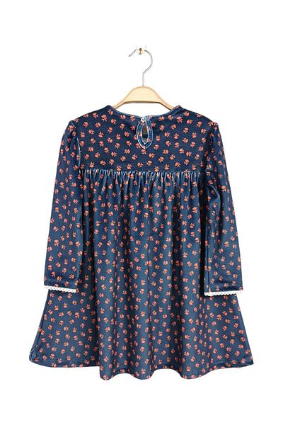 Via Girls 3-6 Years Girl's Navy Blue Dress - Cotton Velvet, Flower Pattern, Pleated and Bow |   Robe