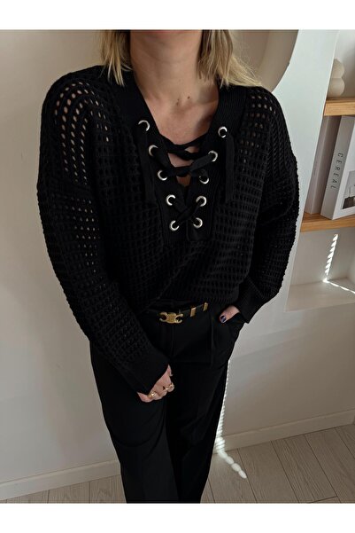 Jose Clothing Macy مخرم - سترة تريكو كبيرة الحجم بأكمام طويلة