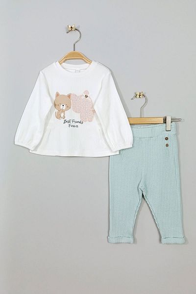 Via Girls Waffle Print Turquoise Tights and White Cat Design T-Shirt and Bottom Set for 9-24 Months Baby