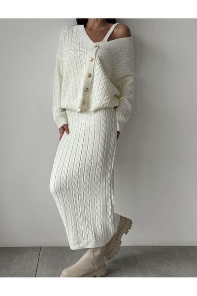 Lusin White Women's Knitwear Set - Crop Skirt and Cardigan with Hair Knit Detail
