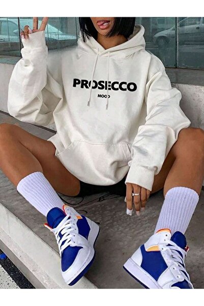 over head oh Hanorac alb cu glugă pentru femei, cu 3 fire, imprimat Prosecco