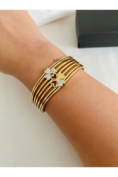SERAMOR Sparkling Detail, Non-Tarnishing Steel, Clover Design, Spring-Loaded Front-Opening Bracelet (Spring-Loaded Front-Opening Model)