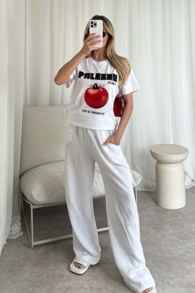 Jose Clothing تي شيرت أبيض كبير الحجم من القطن العضوي مطبوع من سلسلة أمالفي -...