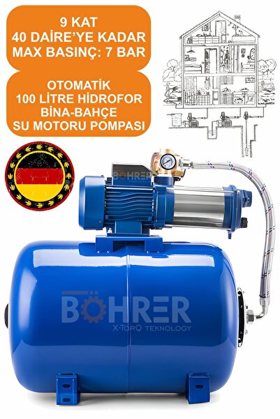 BÖHRER 6 KADEMELİ YMP6-90 YÜKSEK BASINÇ 8 KAT 25 DAİRE 'YE KADAR 2.25 HP 100L TANK HİDROFOR SU MOTORU POMPA
