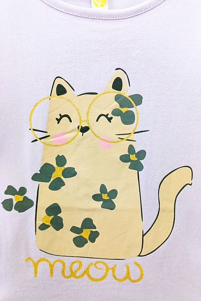 Via Girls 3-5 години момиче - памучен боди с цветна и котешка тематика, люляк, кръгло деколте