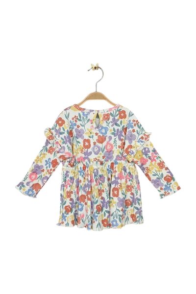 Via Girls Kız Bebek Yarasa Kol Fırfırlı Büzgülü Robalı Çiçek Baskılı Elbise | 9-24 Ay Bebek Giyim