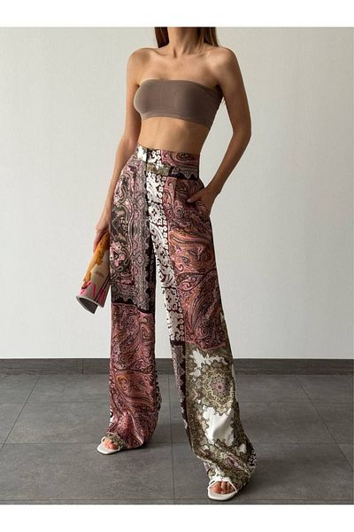 İLKCET MODA Γυναικείο φαρδύ παντελόνι με έθνικ σχέδιο