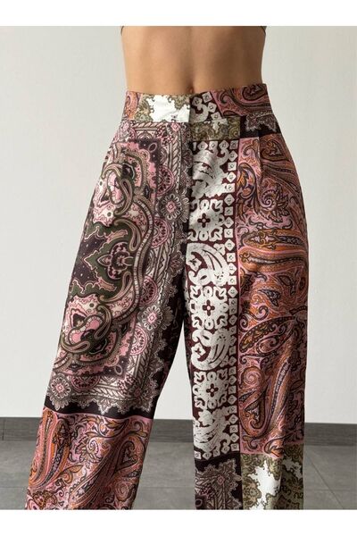 İLKCET MODA Etnik Desenli Saten Kadın Bol Pantolon