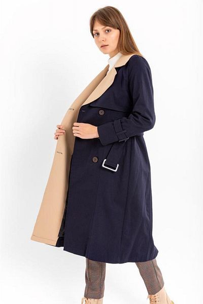 PASTELASTORE Cotton Gabardine Long Double Color Garnished Women's Trench Coat 1114