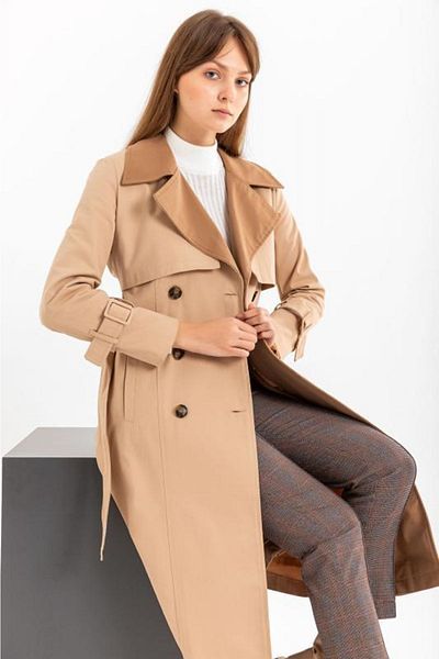 PASTELASTORE 100% Cotton Gabardine Long (110CM) Double Color Garnished Lined Women's Trench Coat with Belt 1114