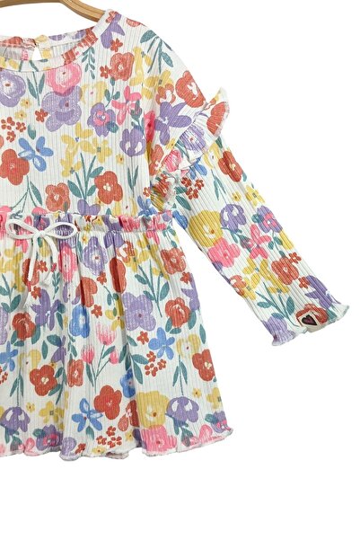 Via Girls Kız Bebek Yarasa Kol Fırfırlı Büzgülü Robalı Çiçek Baskılı Elbise | 9-24 Ay Bebek Giyim