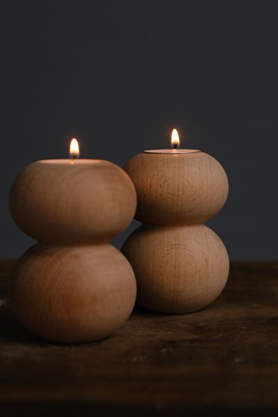 Genel Markalar Bej Ahşap Mumluk 2 Li Set Ahşap 2 Parça