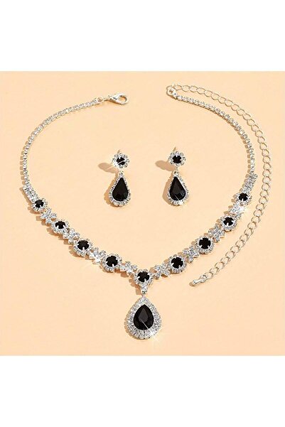 Estilo Lingerie Black Crystal Jewelled Necklace and Earrings Set - Special Occasions and Wedding Bridal Set