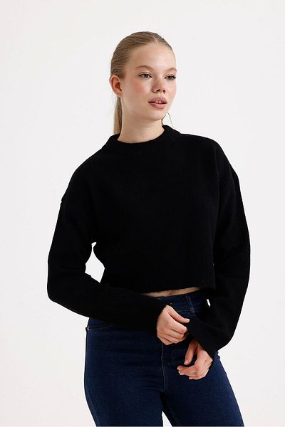 fujya Pulover crop de damă, cu gât crew, tricotaj negru