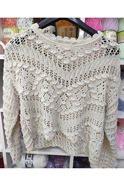 Müjde Tuhafiye Kadın Ekru  Desenli  Triko Bluz