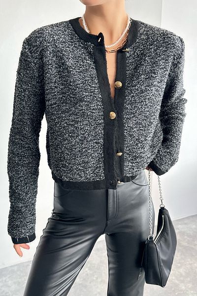 LOOSH Anthracite Gold Women's Cardigan - Crew Neck and Button Detailed Stripe