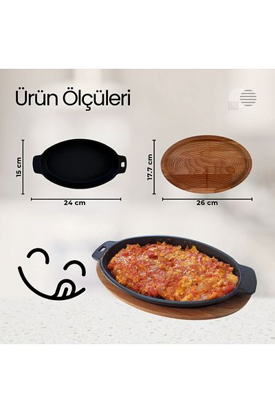 AYS 15*24 cm Enamel Coated Cast Iron Oval Fajita - Cooking and Serving Plate, for Cafes and Restaurants