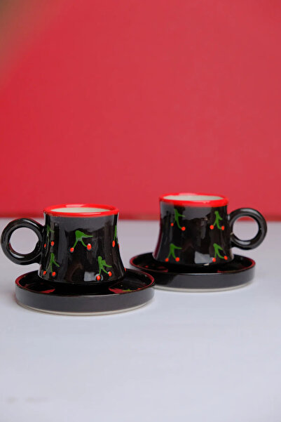 Porsellena Black Cherry Patterned Ceramic Coffee Cup Set - Handmade Series