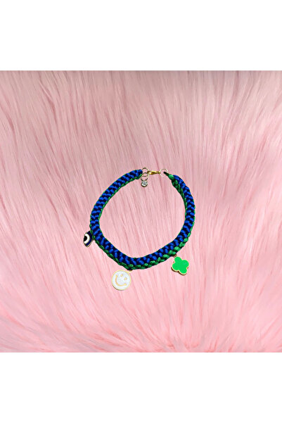 GOLD PUPPY Mavi-Yeşil Örgü Charm Uçlu Köpek-Kedi Tasması