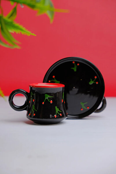 Porsellena Ceramic Coffee Cup - 6-Piece Black Cherry Pattern, Handmade Series