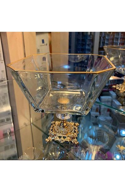 Paşabahçe Gold Detailed Glass Large Salad - Serving - Presentation Bowl with Metal Legs