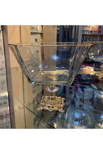 Paşabahçe Gold Detailed Glass Large Salad - Serving - Presentation Bowl with Metal Legs