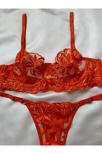Nashera Mia - Orange Rose Detailed Embroidery Underwire Sexy Tulle Bra and Lingerie Set